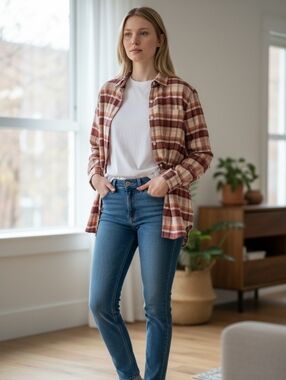 Cabin Creek Plaid Button-Down Shirt Wrinkle Free Stain Release Oxford Sz 16W